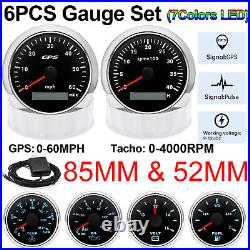 6 Gauge Set 85mm GPS Speedo 0-60MPH Tacho & 52mm Fuel Water Temp Volt Oil Press