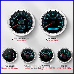 6 Gauge Set 85mm GPS Speedo 120MPH Tacho 52MM Fuel/Oil/Temp/Volt with Sensor