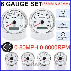6 Gauge Set 85mm GPS Speedo 80MPH Tacho & 52mm Fuel Water Temp Oil Pressure Volt