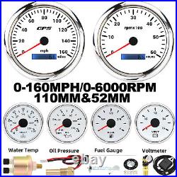 6 Gauge Set With Sensor 110mm white GPS Speedo 160MPH&Tacho&Fuel/Oil/Temp/Volt