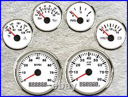 6 Gauge Set with Sender GPS 80MPH Speedo Tacho Fuel Temp Volt Oil Pressure White