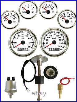 6 Gauge Set with Senders 200KM/H Speedo Tacho Fuel Volts Oil Pressure Temp White