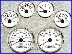 6 Gauge set, 200MPH 300KPH Odo GPS Speedo, Tacho, Fuel, Temp, Volt, Oil Pressure White
