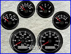 6 Gauge set, 85MM GPS 35MPH 60KPH, Speedo, Tacho, Fuel, Temp, Volts, Oil Pressure Black