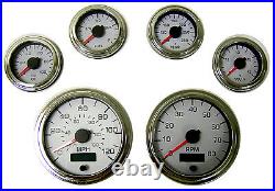 6 Gauge set, Speedo, Tacho (8KRPM), Oil, Temp, Fuel, Volt, white/chrome, 001WC