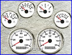 6 Gauge set with Senders, Speedo 120KM/H, Tacho, Fuel, Temp, Volts, Oil Pressure, White