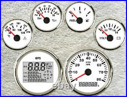6 Gauge set with sender, 85MM GPS Speedo, Tacho, Fuel, Temp, Volt, Oil Pressure White