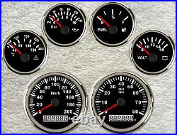 6 gauge set 200km/h gps speedo odo tacho fuel water temp volt oil pressure black