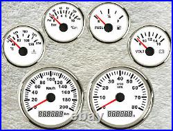 6 gauge set 200kph gps speedo odo tacho fuel water temp volts oil pressure white
