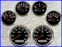 6 gauge set 80mph GPS speedo tachometer fuel water temp volts oil pressure black