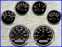 6 gauge set with senders speedo 40mph 30knots cog tacho fuel temp volt oil black