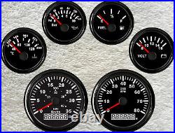 6 gauge set with senders speedo 40mph 30knots cog tacho fuel temp volt oil black