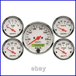 Auto Meter Gauge Set 1302-M Arctic White Speedo, Water/Volts/Oil Pressure/Fuel