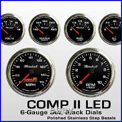 C2 6 Gauge Set, Black Dials, Stainless Step Bezels, Electric Speedo 2064STP