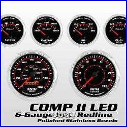 C2 Redline 6 Gauge Set, Stainless Bezels, 0-90 Ohm Fuel Level, Electric Speedo